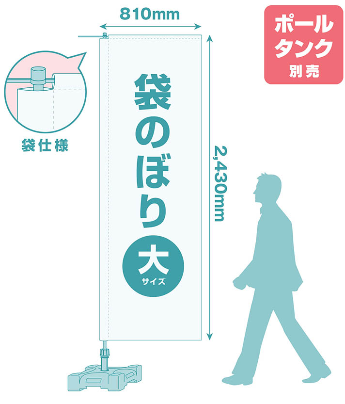 袋のぼり（大サイズ）のぼりのチギレ部分を袋状にした、大サイズの袋のぼりです。シンプルな見た目と、捲れ上がり防止に効果的です。