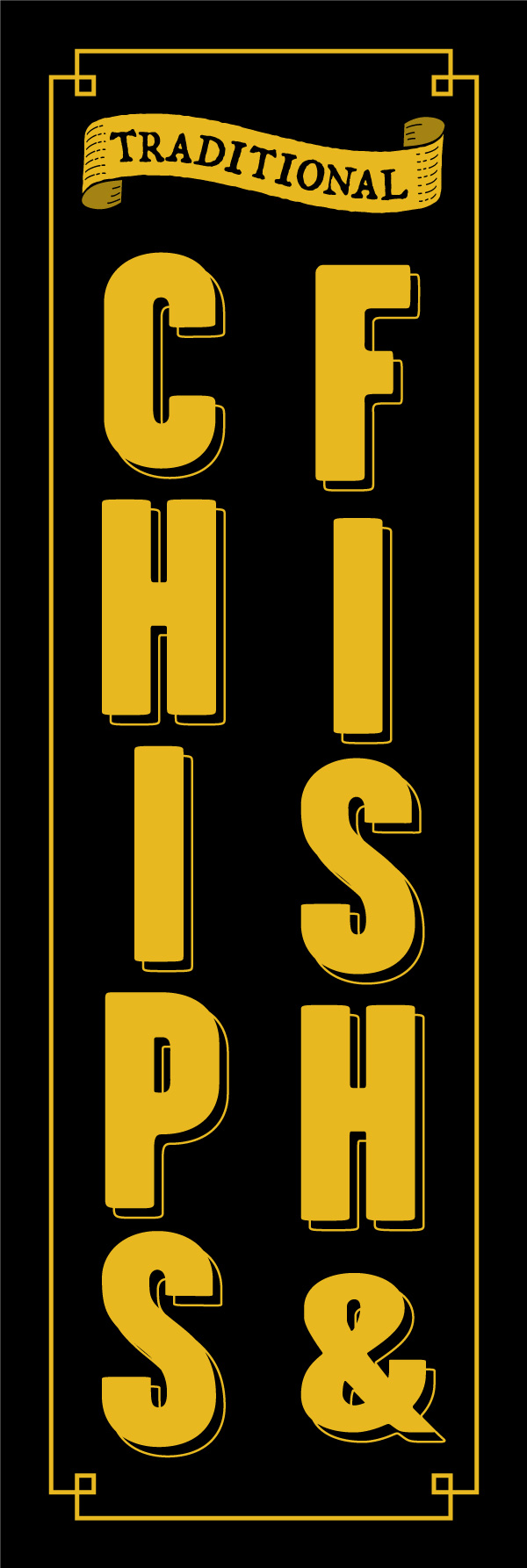 フィッシュ&チップス 149_01 「フィッシュ&チップス」の幟です。ブリティッシュパブをイメージしたデザインで英語表記の「FISH & CHIPS」にしました。（Y.M）