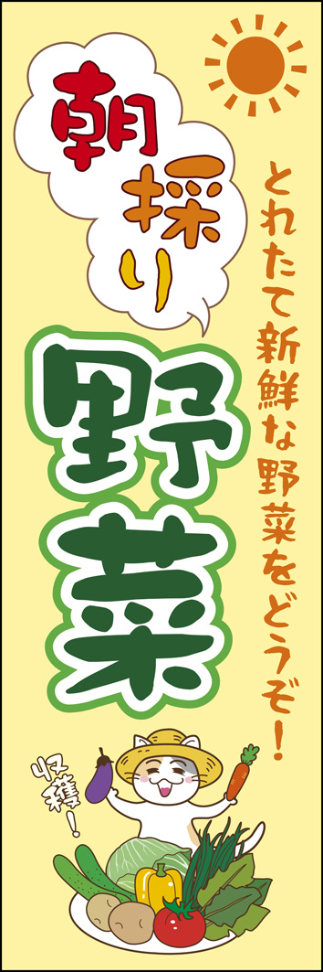 朝採り野菜 286_01 「朝採り野菜」のぼりです。朝採れたばかりの新鮮野菜を告知します。かわいいネコの農家さんがおススメする親しみのあるデザインに仕上げました。（M.H）